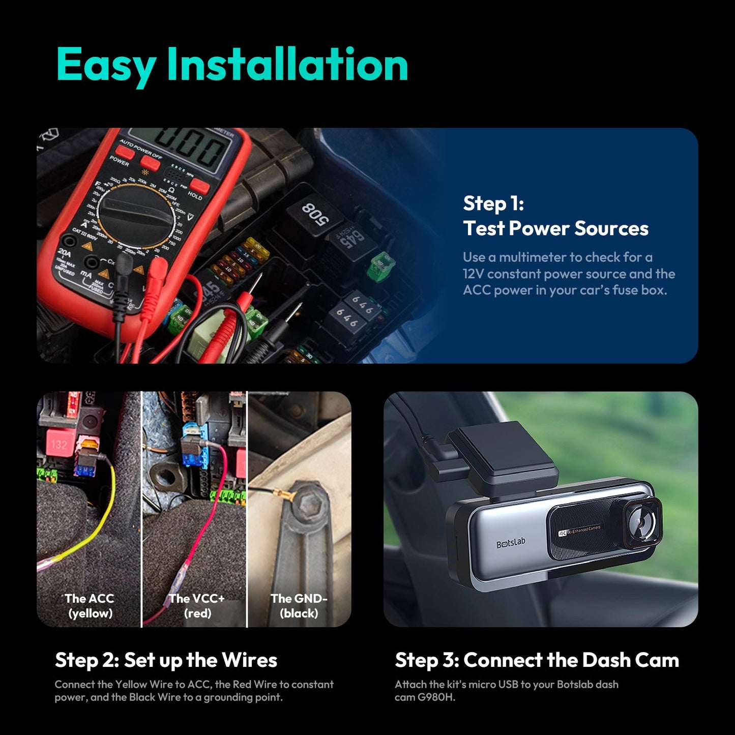 Botslab Micro USB Hardwire Cable Kit for 24 Hour Parking Monitoring (for G300H, G300H Pro, HK30 Pro)